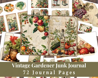 Diario de jardinería vintage, efímeros imprimibles de jardinería botánica, collage de álbum de recortes de frutas y verduras estilo cabaña, fondo shabby chic ATC