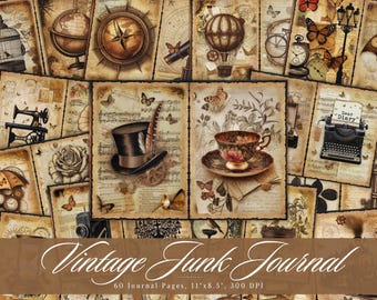 May include: A collage of vintage-themed journal pages with illustrations of a compass, hot air balloon, teacup, top hat, and typewriter. The pages are adorned with butterflies and musical notes, with the text "Vintage Junk Journal".