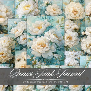 Peonies Junk Journal Paper, Flower Shabby Chic Page, Vintage Floral Printable Ephemera, Scrapbooking Collage Sheet, Background Mixed Media