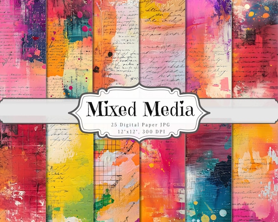 Mixed Media Digital Paper, Colorful Printable Ephemera, Bright Vibrant Scrapbooking Collage Sheet, Background Shabby Chic Colored Pages ATC