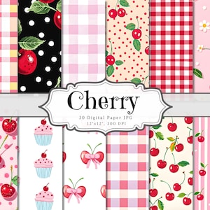 Könnte beinhalten: Eine Sammlung digitaler Papierdesigns mit Kirschmotiven. Die Muster umfassen Punkte, Vichy-Karos, Streifen und Kirschillustrationen. Die Farbpalette ist hauptsächlich rosa, rot und weiß. Der Text "Cherry" wird auf einem dekorativen Banner angezeigt.