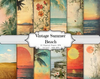 Vintage Summer Beach Junk Journal, Palm Sunset Beaches Printable Ephemera, Vintage Scrapbooking Collage Sheet, Background Mixed Media Pages