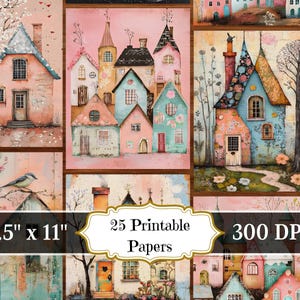 Whimsy Houses Junk Journal Paper, House Shabby Chic Printable Ephemera ...