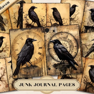 Black Raven Crow Junk Journal Kit, Bird Mixed Media, Journaling Kit, Printable Ephemera, Vintage Retro Scrapbooking Collage, ATC Fussy Cut