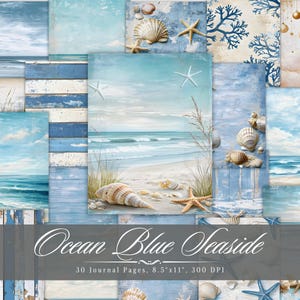 Journal de bord de mer bleu océan, éphémères imprimables shabby chic et plage, collage de scrapbooking sur le sable de la mer côtière, pages techniques mixtes sur fond de ciel