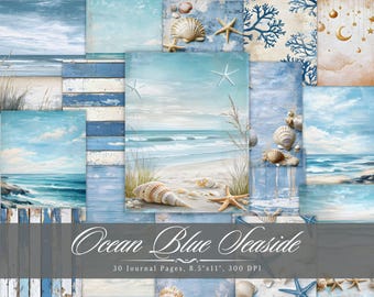 Puede incluir: 30 páginas de diario digitales con un tema de playa. Las páginas presentan una variedad de colores azules y blancos, conchas marinas, estrellas de mar y olas del océano. El texto "Ocean Blue Seaside" está en la parte inferior de la imagen. El texto "30 Journal Pages, 8.5"x11", 300 DPI" también está incluido.