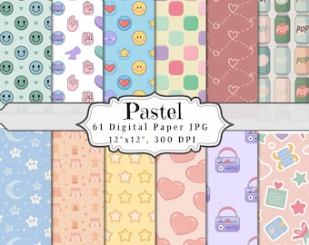 Pastel Digital Paper Bundle, 60 Seamless Patterns 12x12, Cute Kawaii Scrapbook Paper Pack, Printable Planner Paper, Commercial Use