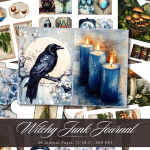 Puede incluir: 36 páginas de diario digital con un tema de brujería. Las páginas presentan imágenes de velas, un cuervo, flores y otros elementos mágicos. El texto "Witchy Junk Journal" está en la parte inferior de la imagen.