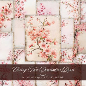 Papel decorativo de cerezo, Diario basura de árbol de flor de cerezo, Efímero imprimible japonés vintage, Página de fondo de elaboración de Sakura de Japón