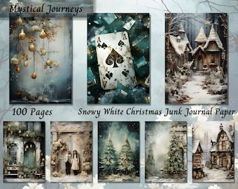 Snowy Christmas Junk Journal Kit, White Winter Holiday Printable Ephemera Paper, Digital Vintage Shabby Chic Scrapbook Collage Background