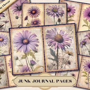 Purple Daisy Flower Junk Journal Paper, Vintage Floral Lavender Journal, Printable Ephemera Scrapbook, Botanical Collage Sheet Mixed Media