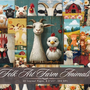Folk Art Farm Animals Journal Paper, Vintage Animal Printable Ephemera, Retro Scrapbooking Collage Sheet, Background Mixed Media Pages ATC