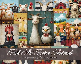 May include: A set of 20 printable journal pages featuring folk art style illustrations of farm animals. The pages are 8.5 inches by 11 inches and 300 DPI.