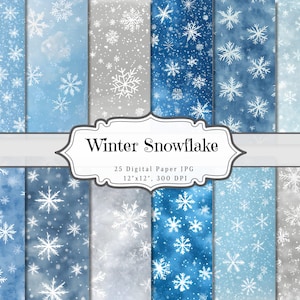 May include: A set of 25 digital paper designs featuring a winter snowflake pattern in shades of blue and gray. The papers are 12x12 inches and 300 DPI.