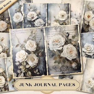 Silber weiße Rosen Junk Journal Kit, digitale Mischtechnik, druckbare Ephemera, Shabby Chic, Floral Scrapbook Collage, wählerischen Schnitt, ATC Karte JPG