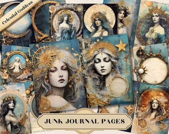 Celestial Mystic Witch Junk Journal Kit, Printable Pages, Cards, ATC Astrology Ephemera