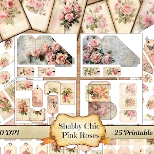 Pink Roses Junk Journal Kit, Shabby Chic Junk Journal, Vintage Roses Journal, Scrapbooking Bloemen afdrukbare digitaal, kortstondige dagboekpagina's