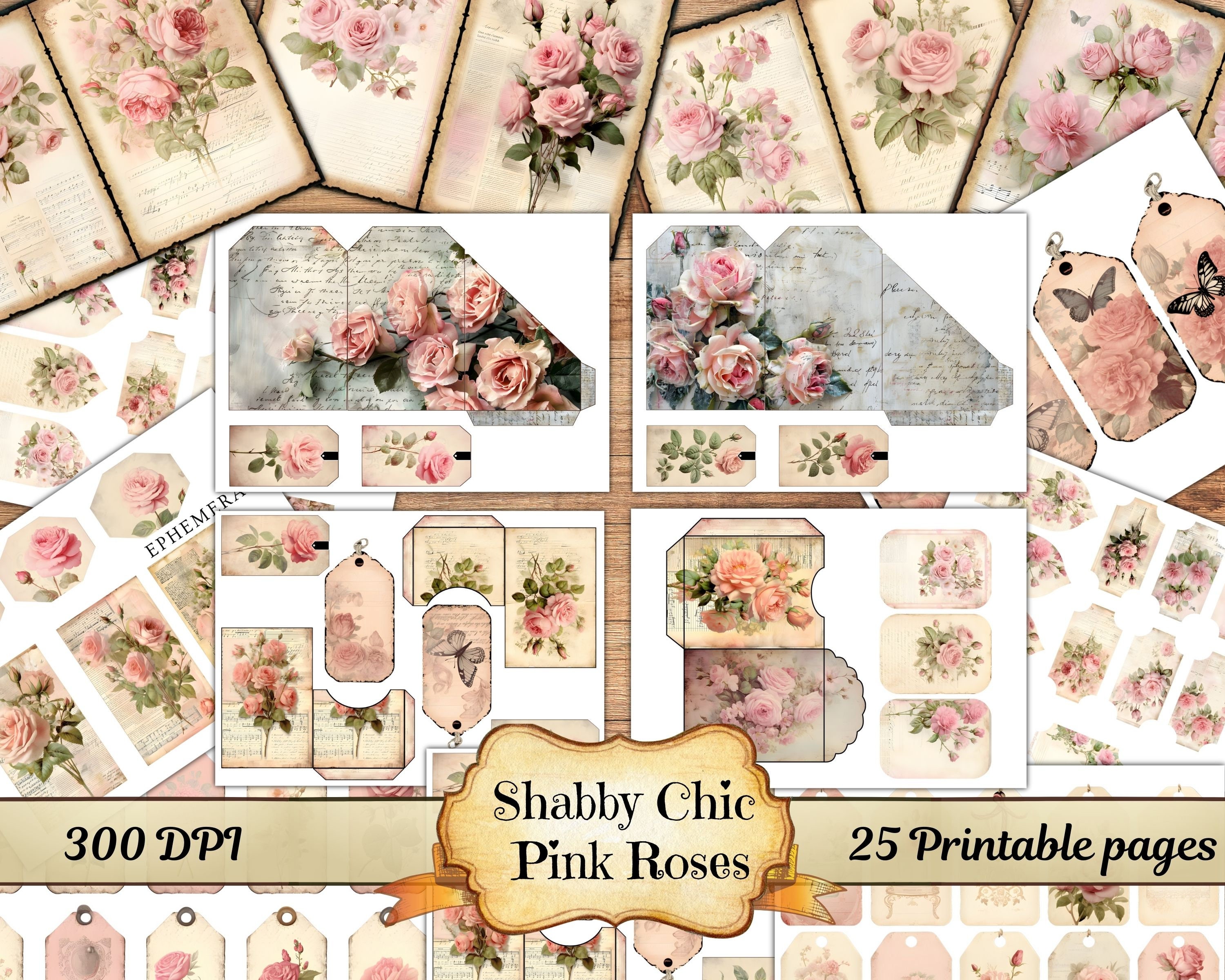 Pink Roses Junk Journal Kit, Shabby Chic Junk Journal, Vintage Roses Journal, Scrapbooking Floral Printable Digital, Journal Pages Ephemera
