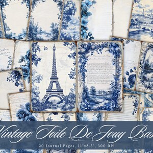 Vintage Toile De Jouy Basic Junk Journal, Blue Pattern Printable Ephemera, Shabby Chic Scrapbooking Collage Sheet, Background Mixed Media