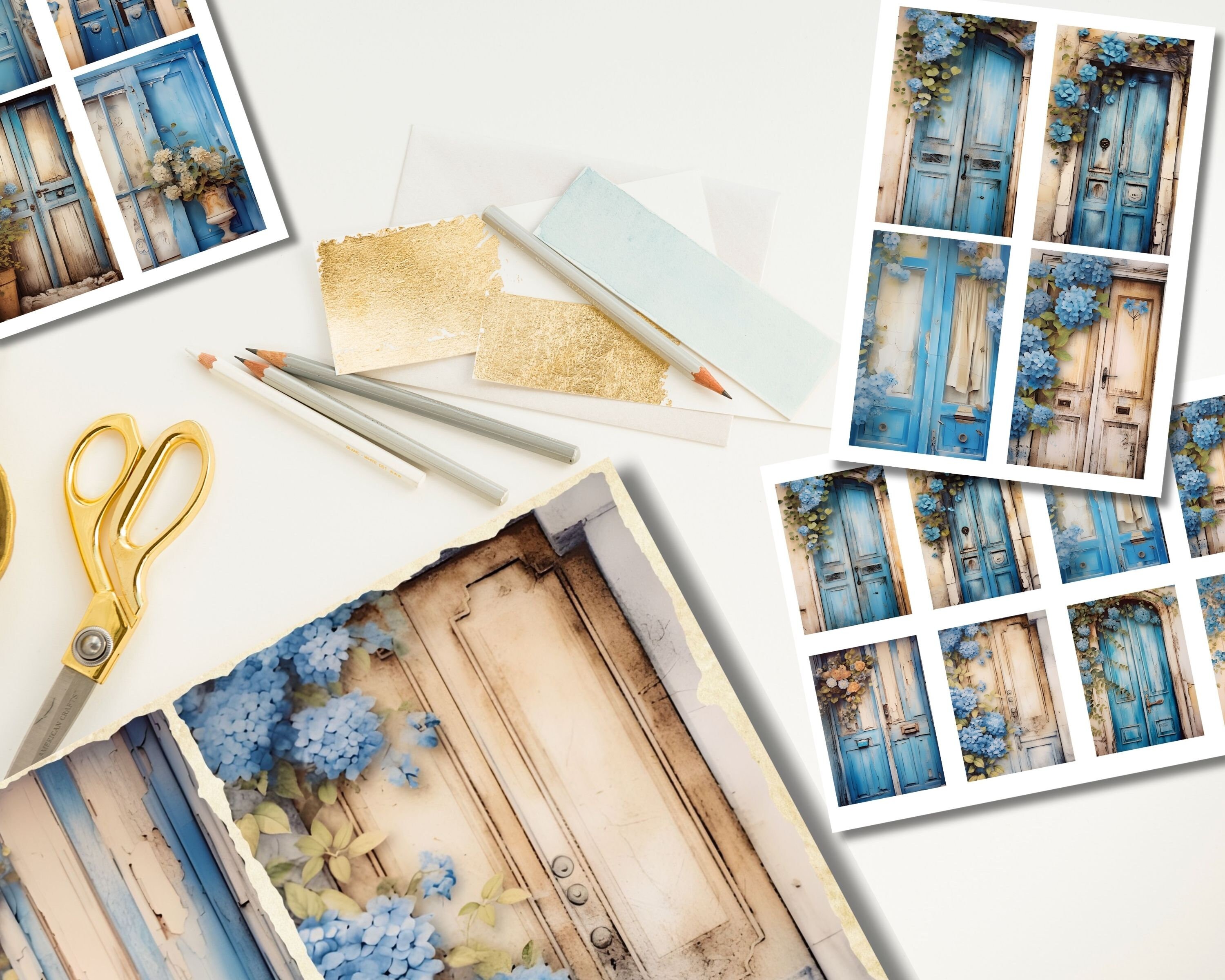 Wooden Doors With Blue Flowers Junk Journal Pages, Digital Mixed Media ...