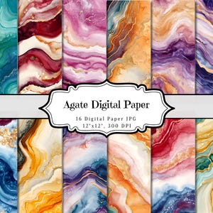 Puede incluir: 16 papeles digitales con patrones de ágata en varios colores, incluidos azul, morado, rojo y dorado. Cada papel mide 30,5 cm x 30,5 cm y 300 DPI.