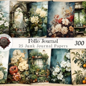 Folio Junk Journal Kit Papier JPG, Shabby Chic Digital Printable Ephemera, Vintage Collage Scrapbook Zubehör, Aquarell Hintergrundseite