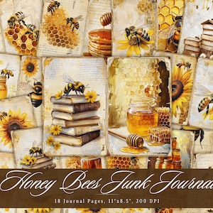 Journal des abeilles indésirables, pages éphémères imprimables tournesol, feuille de collage pour scrapbooking pollen d'abeille, papier technique mixte ATC de fond vintage
