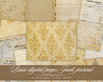 Junk Journal Basic Digital Page, Vintage Aged Printable Ephemera, Old Writing Lined Paper Scrapbooking Collage Sheet, Background Mixed Media