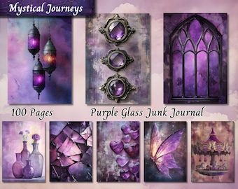 May include: A selection of digital art prints in shades of purple. The prints feature lanterns, decorative frames with purple gems, a gothic window, vases with flowers, broken glass, hearts, a butterfly wing, and a carousel. The text "Mystical Journeys", "100 Pages", and "Purple Glass Junk Journal" are visible.