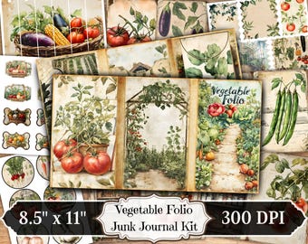May include: A collection of vintage-style paper ephemera featuring watercolor illustrations of vegetables, including tomatoes, corn, and eggplants. The set includes a journal kit with the text "Vegetable Folio Junk Journal Kit" and measures 8.5" x 11".