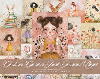 Papel para diario creativo "Niña en el jardín" / Elementos florales vintage para scrapbooking ()