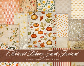 Harvest Bloom Junk Journal, herfst afdrukbaar kortstondig papier, pompoen herfst vintage plakboek collageblad, achtergrond pagina's met gemengde media ATC