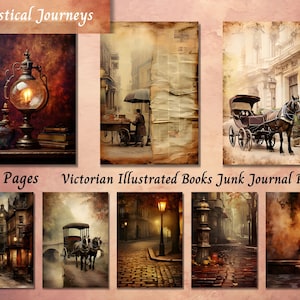 Victorian Illustrated Books Junk Journal, Vintage Old Era Printable Ephemera, Watercolor Scrapbook Collage Sheet, Moody Background ATC Page