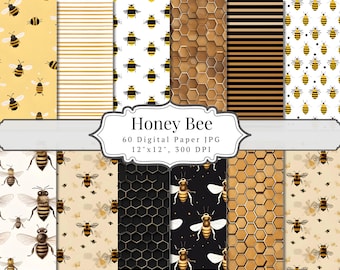 Honey Bee Paper, Bee Digital Pages for Scrapbooking, Junk Journal Kit, Printables Ephemera, Honeycomb Backgrounds -