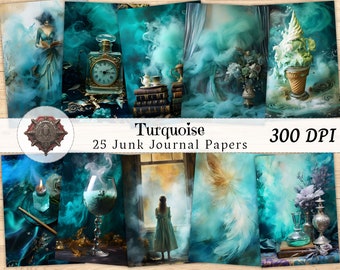 Turquoise Junk Journal Page, Digital Download, Watercolor, Mixed Media, Design, Carriage, Castle, Music, Backdrop, Shabby Printables