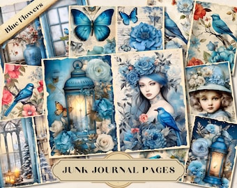 Blue floral junk journal pages vintage shabby chic ephemera printable soft romantic paper kit
