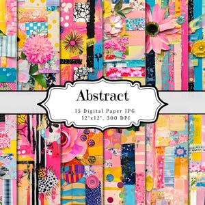 May include: A vibrant collage of digital paper designs in a variety of colors, including pink, yellow, blue, and white. The image features floral and abstract patterns, with the word "Abstract" in a decorative frame. The paper is 12"x12" and 300 DPI.