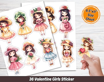 Valentine Girls Sticker, Digital Love Heart Clipart Sticker Paper, Cute Girl Flower Romantic, Cuteness Kawaii Journal Scrapbook Stickers