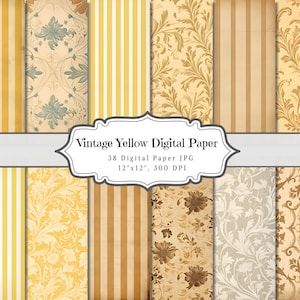 Vintage Yellow Digital Paper, Yellow Pattern Page, Printable Ephemera Decoupage, Scrapbooking Collage Sheet, Ornamental Gold Background JPG