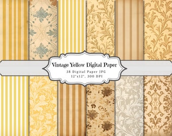 Vintage Yellow Digital Paper, Yellow Pattern Page, Printable Ephemera Decoupage, Scrapbooking Collage Sheet, Ornamental Gold Background JPG