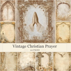 May include: A collection of 110 pages featuring vintage Christian prayer themes with sepia-toned illustrations of praying hands, a crown of thorns, a cross, a dove, and religious figures framed by ornate floral borders and architectural arches.