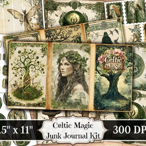 May include: A digital junk journal kit with a Celtic theme. The kit includes images of trees, fairies, and Celtic knotwork. The text "Celtic Magic" is featured on the kit. The kit is 8.5 inches by 11 inches and 300 DPI.