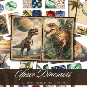 Space Dinosaurs Junk Journal Paper, mythisch dinosaurus wezen afdrukbare ephemera, vintage plakboek collageblad, achtergrond Mixed Media