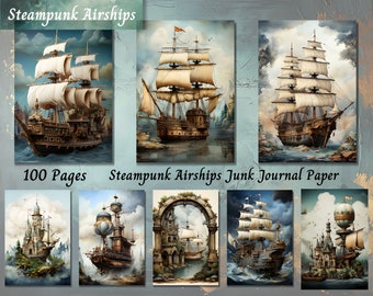 Steampunk Airships Junk Journal Kit, Vintage Ships Printable Ephemera, Sailing Boat Scrapbook Collage Sheet, Ocean Background Mixed Media