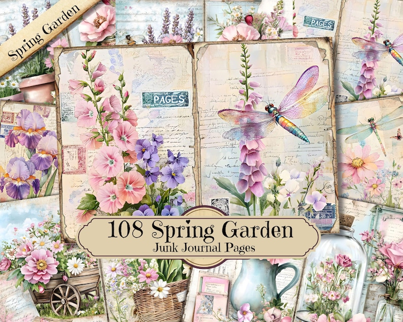 Spring Garden Junk Journal, Floral Shabby Chic Printable Ephemera, Vintage Flower Scrapbooking Collage Sheet, Background Mixed Media Pages image 1