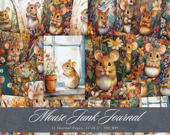 Woodland Mouse Junk Journal Kit, Vintage Mice Ephemera Pages, Cottagecore Animal Scrapbook Paper, Boho Floral Printable
