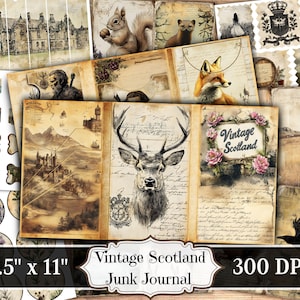 Hojas de collage digital de Escocia vintage, imprimibles de diarios basura efímeros escoceses, fondos para álbumes de recortes de tartán, papel de descarga instantánea