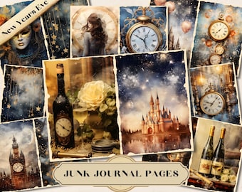 Shabby Chic Junk Journal Digital, Journaling Kit Bundle, Printable Ephemera, New Years Celebration, Homemade Collage, ATC Cards Pages JPG