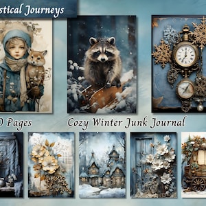 Gezellige winter ongewenste dagboekpapier, bloemen kerst afdrukbare efemere ephemera, vintage bloem sneeuw plakboek collageblad, gemengde media achtergrondpagina