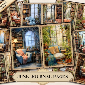 Cozy Reading Nook Junk Journal, Vintage Cottagecore Printable Ephemera, Library Scrapbooking Collage Sheet, Book Background Mixed Media JPG